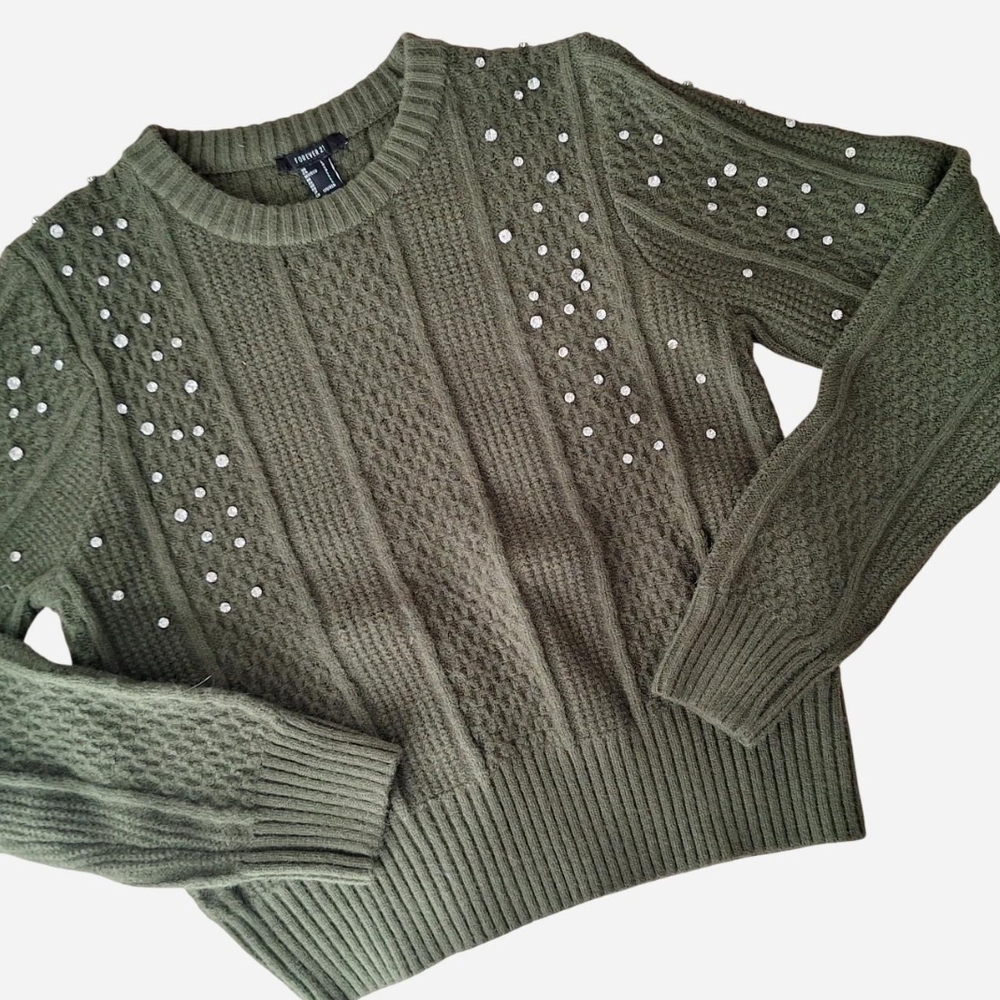 FOREVER21 Elegant Olive Sweater with Pearl Details